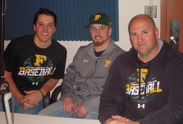 FCC's CJ Mackinson (SS/So,), Doug Pearl (LHP/So.), and Head Coach Rodney Bennett ready for start of 2017 baseball season. HC Rodney Bennett enters his 15th year as the skipper of the Cougars! Photo Courtesy of Peter MacLeod.